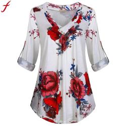 5XL Plus Size Women Tunic Shirt 2018 Autumn Long Sleeve Floral Print V-neck Blouses And Tops With Button Big Size Women Clothing