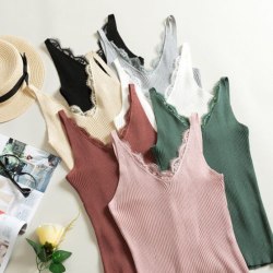 7 Colors Spring Knitted Tank Tops New Hook Flower Lace Solid Stitching V-neck Camis Female Slim Outer Wear Shirt Trend 2018 Hot