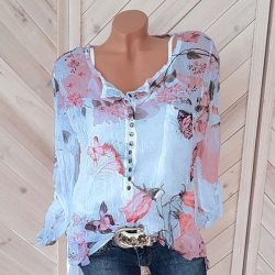 Autumn Spring Blouses Women Plus Size 5XL Tops Sweet Long Sleeve Blouse Vintage Printed Shirts Sexy V Neck Button Chiffon Shirt