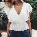 BeAvant Elegant ruffle white blouse women summer V neck embroidery lace cotton blouse shirt Vintage ladies tops shirt blusas