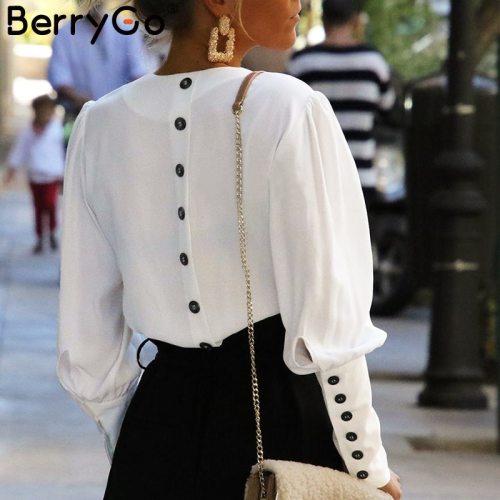 BerryGo Puff sleeve women blouse shirt Button white v neck tops spring 2019 Elegant office lady streetwear blusas women shirts