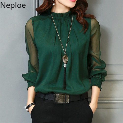 Chiffon Blouse 2019 New Women Tops Long Sleeve Stand Neck Work Wear Shirts Elegant Lady Blouses Casual Solid Color Blusas 32746