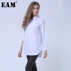 [EAM] 2019 Spring Lapel Fashion New Long Sleeves Solid Color Blue Striped Long Paragraph Loose Women Shirt Tide G01605