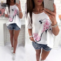 FEITONG 2017 Women Short Sleeve High Heels Printed Tops Beach Casual Loose Blouse Top  Shirt