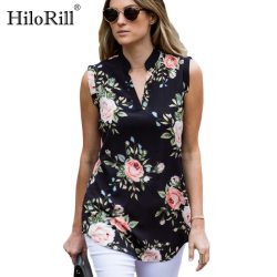 Fashion Vintage Floral Print Blouse Shirt 2019 Summer Sleeveless Chiffon Blouse Sexy V Neck Women Shirts Casual Loose Chemise