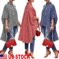 Fashion Women Loose Long Sleeve Striped Shirt Casual Blouse Shirt Lantern Sleeve Shirts Women's Girl O-Neck Batwing Sleeve Dress