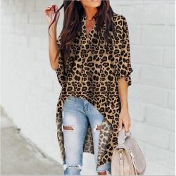 Fashion Women's Casual V-Neck Blouse Half Flare Sleeve Long Shirt Ladies Irregular Leopard Print Womens Tops and Blouse Summer