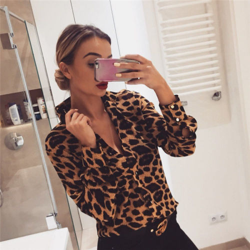 Fashion Womens Leopard Print Long Sleeve Tops and Blouses Loose OL Shirts V-Neck Party blusas femininas elegante chemise femme