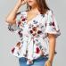 Feitong Women's Blouse Plus Size Sexy V Neck Floral Print Flare Sleeve Belted Surplice Peplum Tops And Blouse blusas feminina