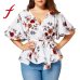 Feitong Women's Blouse Plus Size Sexy V Neck Floral Print Flare Sleeve Belted Surplice Peplum Tops And Blouse blusas feminina