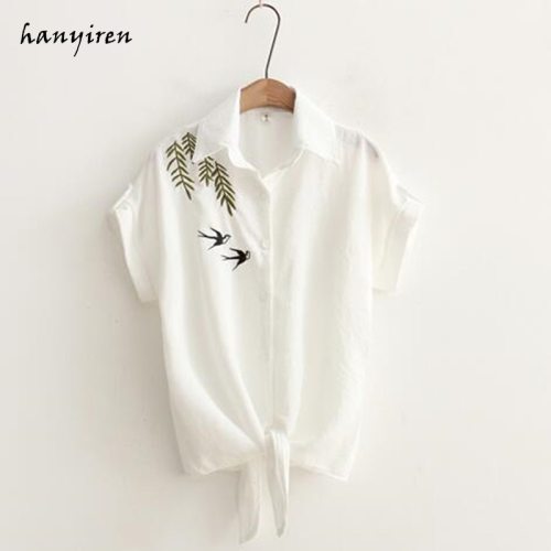 Freshness embroidery short Sleeve Women Blouses And Shirts White cat Female Ladies Casual Shirt Tops Plus Size Blusas Blouse