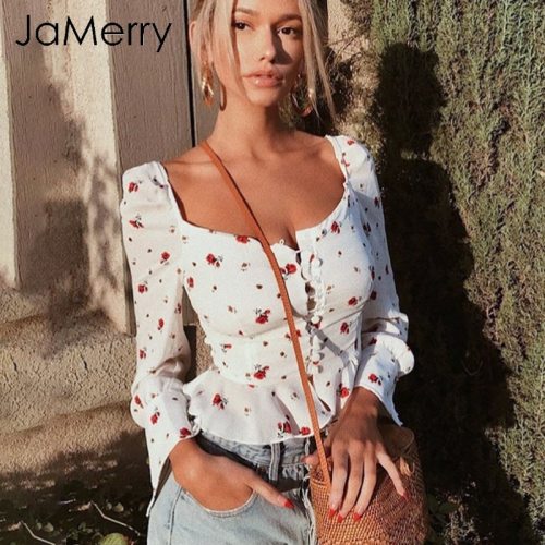 JaMerry Elegant white blouse women shirts 2019 Vintage flower print blouse tops summer Casual ruffles short tops blusas female