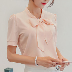 Kawaii Chiffon Blouse2019 Summer Women Short Sleeve Bow  Korean elegant Office Ladies Shirts Plus Size Work Tops Female Clothing