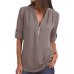 LASPERAL New Solid Zipper Shirt Loose Plus Size Long Sleeve Chiffon Blusas Tops Women Sexy V Neck Casual Summer Blouse Gift