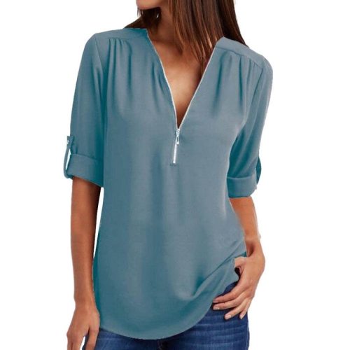 LASPERAL New Solid Zipper Shirt Loose Plus Size Long Sleeve Chiffon Blusas Tops Women Sexy V Neck Casual Summer Blouse Gift