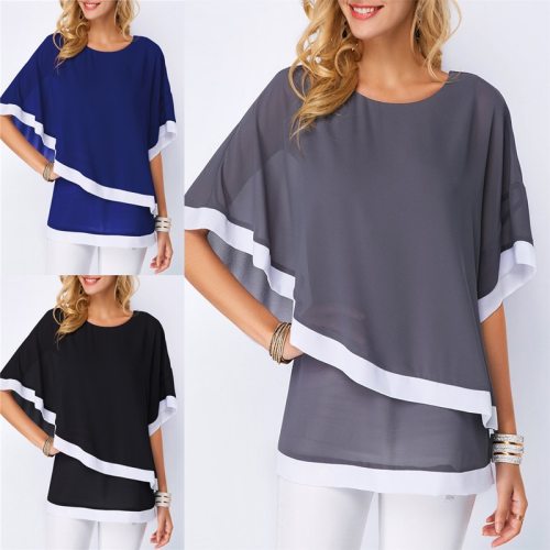 Lossky Summer Casual Women's Chiffon Shirt 2019 Bat Sleeve Stitching Irregular Loose Chiffon Shirt Tops Women's Plus Size Blouse