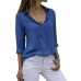 MoneRffi Women Sexy Deep V-Neck Chiffon Blouse Solid Long Sleeve Button Shirts Autumn Office Lady Elegant Blusas Tops Plus Size