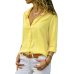 MoneRffi Women Sexy Deep V-Neck Chiffon Blouse Solid Long Sleeve Button Shirts Autumn Office Lady Elegant Blusas Tops Plus Size