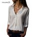 MoneRffi Women Sexy Deep V-Neck Chiffon Blouse Solid Long Sleeve Button Shirts Autumn Office Lady Elegant Blusas Tops Plus Size