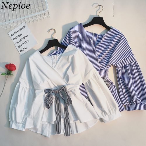 Neploe Japanese Spring Fashion Slim Shirts Ruffles Lace Up Long Sleeve Blusas Adjustable Waist V-neck Elegant Blouse 66619