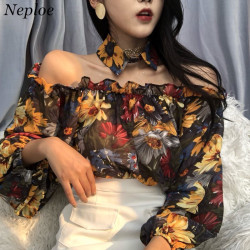 Neploe New Sexy Slash Neck Off Shoulder Blouse Women 2019 Spring Summer Flower Shirts Long Sleeve Blusas Vintage Lady Tops K312