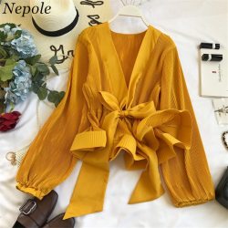 Neploe Ruched Pleated Ruffles Blusa Sashes Vintage Grace Women Blouse 2019 Spring Autumn New Fashion Elegant V-Neck Shirt 69273