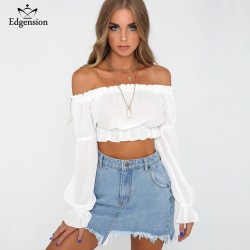 New 2018 Summer Fashion Sexy Off Shoulder Short Crop Chiffon Blouse Women Long Sleeve Slash Neck Shirts Blouses Female Tops