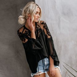 New Arrival Ladies Boho Mesh Lace Hook Flower Lantern Sleeve Loose Short Chiffon Blouse Shirts Women Fashion Casual Blouses