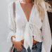 New Blouse Women Sexy Transparent White Shirt Lantern Sleeve Crop Top Polka Dot Deep V-neck Lace Up Ruffles blusas T89391