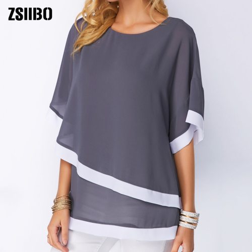 Plus Size Patchwork Double layer Women Blouse Casual Sexy Batwing tunic 2019 Summer 5XL Large size Women Shirts Clothes