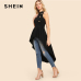 SHEIN Black Elegant Party Double Button Asymmetrical Embellished Dip Hem Shell Round Neck Blouse Summer Women Casual Shirt Top