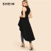 SHEIN Black Elegant Party Double Button Asymmetrical Embellished Dip Hem Shell Round Neck Blouse Summer Women Casual Shirt Top