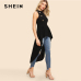 SHEIN Black Elegant Party Double Button Asymmetrical Embellished Dip Hem Shell Round Neck Blouse Summer Women Casual Shirt Top