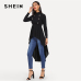 SHEIN Black Mock Neck Double Breasted Front Dip Hem Top Elegant Ruffle Asymmetrical Longline Blouse Women Autumn Flared Blouses