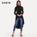 SHEIN Black Mock Neck Double Breasted Front Dip Hem Top Elegant Ruffle Asymmetrical Longline Blouse Women Autumn Flared Blouses