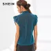 SHEIN Blue Tie Neck Ruffle Armhole Glitter Top Elegant Party Stand Collar Cap Sleeve Blouse Women Summer Workwear Blouses