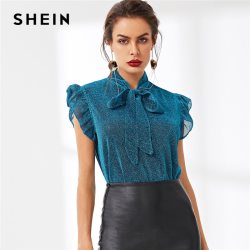 SHEIN Blue Tie Neck Ruffle Armhole Glitter Top Elegant Party Stand Collar Cap Sleeve Blouse Women Summer Workwear Blouses