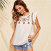 SHEIN Cute Boho White Ruffle Trim Pompom Detail Floral Embroidery Top Blouse Women O-Neck Sleeveless Keyhole Back Ruffle Blouses