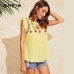 SHEIN Cute Boho White Ruffle Trim Pompom Detail Floral Embroidery Top Blouse Women O-Neck Sleeveless Keyhole Back Ruffle Blouses