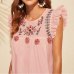 SHEIN Cute Boho White Ruffle Trim Pompom Detail Floral Embroidery Top Blouse Women O-Neck Sleeveless Keyhole Back Ruffle Blouses