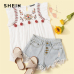 SHEIN Cute Boho White Ruffle Trim Pompom Detail Floral Embroidery Top Blouse Women O-Neck Sleeveless Keyhole Back Ruffle Blouses