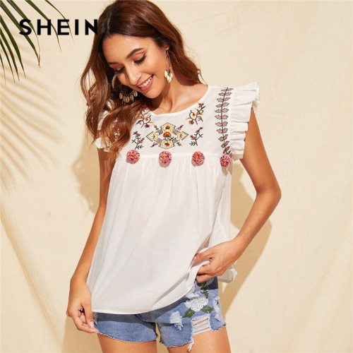 SHEIN Cute Boho White Ruffle Trim Pompom Detail Floral Embroidery Top Blouse Women O-Neck Sleeveless Keyhole Back Ruffle Blouses