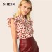 SHEIN Elegant Red Bow Tie Neck Ruffle Trim Petal Print Top Blouse Women Summer 2019 Office Lady Workwear Sleeveless Blouses