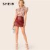 SHEIN Elegant Red Bow Tie Neck Ruffle Trim Petal Print Top Blouse Women Summer 2019 Office Lady Workwear Sleeveless Blouses