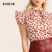 SHEIN Elegant Red Bow Tie Neck Ruffle Trim Petal Print Top Blouse Women Summer 2019 Office Lady Workwear Sleeveless Blouses