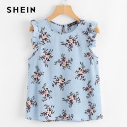 SHEIN Frilled Armhole Button Closure Back Floral Top 2018 Summer Women Regular Fit Blouses Blue Chiffon Sleeveless Casual Blouse