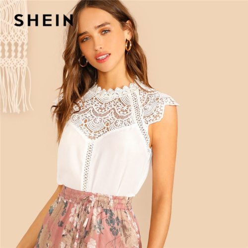 SHEIN Keyhole Back Guipure Lace Mock-Neck Women Blouse Ladies Tops Summer Casual Sleeveless Stand Collar Solid Blouse