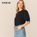 SHEIN Ladies Casual Green Puff Sleeve Keyhole Back Solid Top And Blouse Women 2019 Summer Workwear Half Sleeve Elegant Blouses