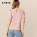 SHEIN Ladies Casual Green Puff Sleeve Keyhole Back Solid Top And Blouse Women 2019 Summer Workwear Half Sleeve Elegant Blouses