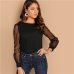 SHEIN Modern Lady Black Pearl Beaded Mesh Sleeve Round Neck Plain Top Women Streetwear Autumn Minimalist Elegant Blouse